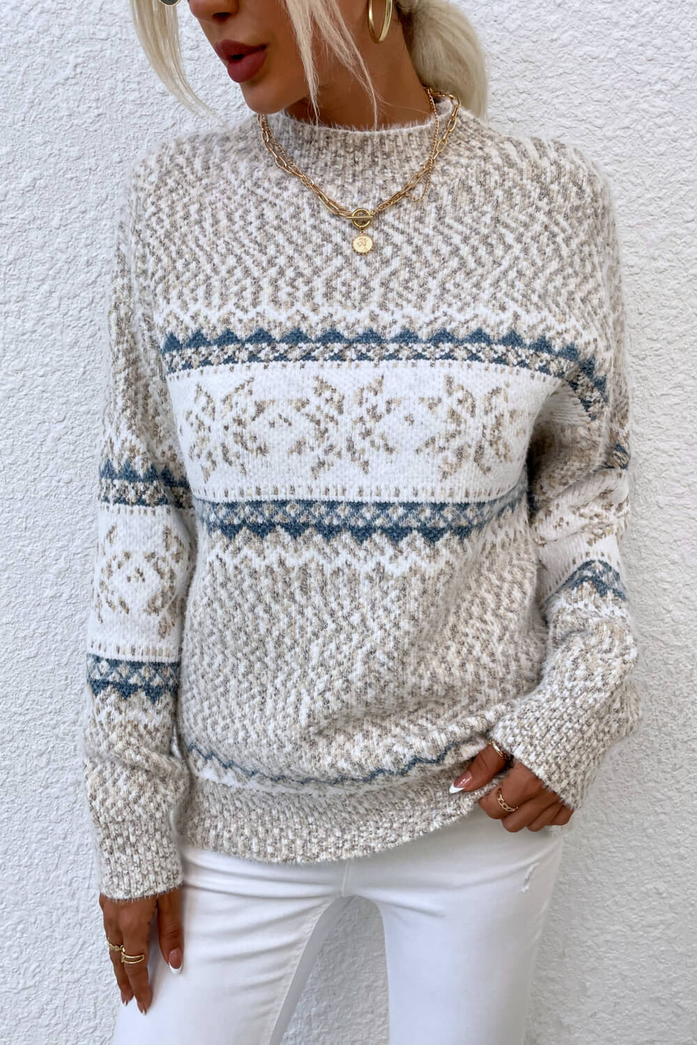 The802Gypsy Sweaters & Cardigans/Sweater Sand / S GYPSY-Snowflake Pattern Mock Neck Sweater