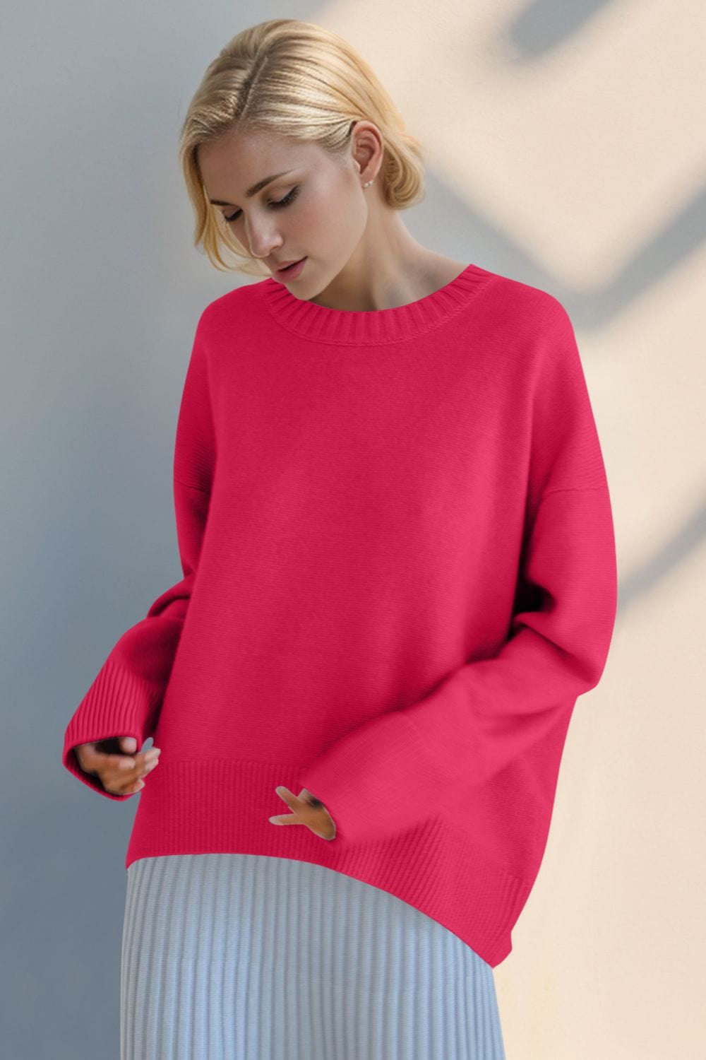 The802Gypsy Sweaters & Cardigans/Sweater Strawberry Pink / One Size GYPSY-Basic BAE-Round Neck Sweet Sweater