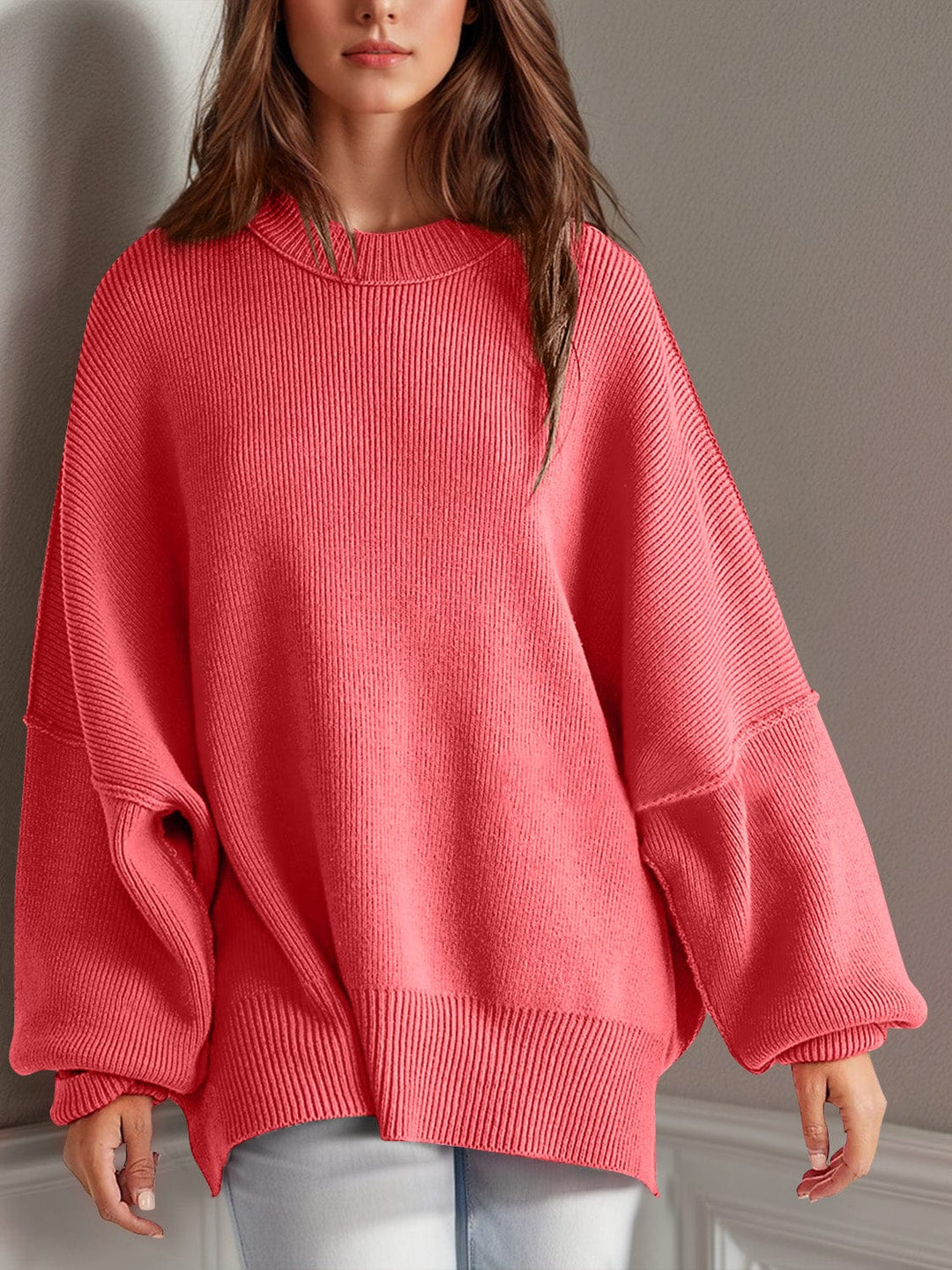 The802Gypsy Sweaters & Cardigans/Sweater Strawberry Pink / S GYPSY-Double Take-Side Slit Round Neck Sweater