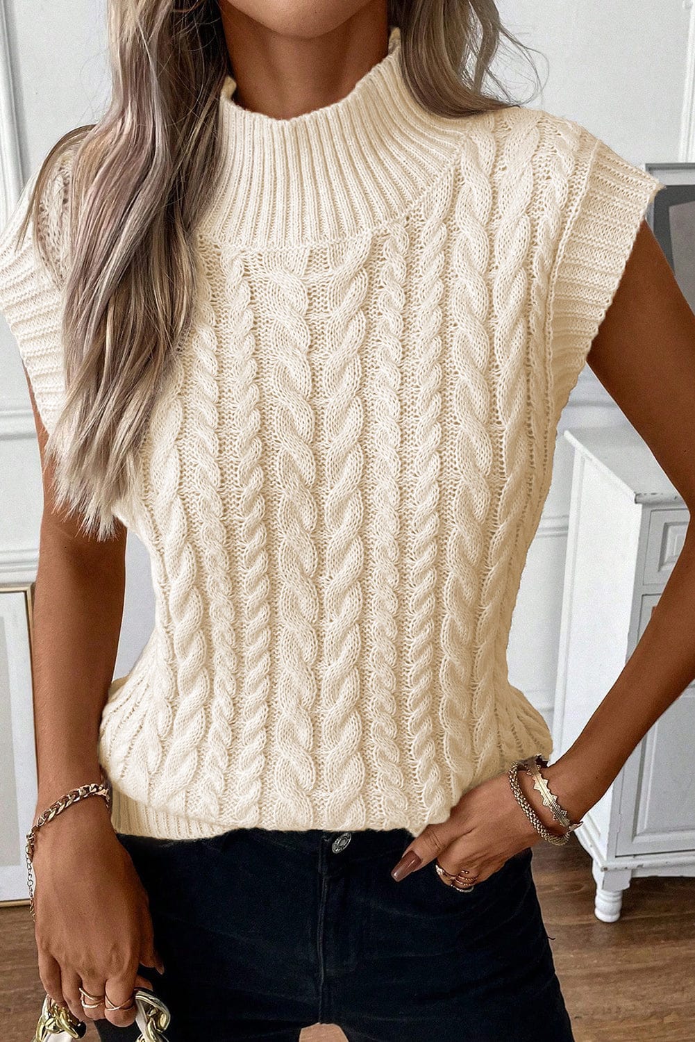 The802Gypsy  Sweaters & Cardigans/Sweater Vests Oatmeal / S / 100%Acrylic ❤️TRAVELING GYPSY-Cable Knit High Neck Sweater