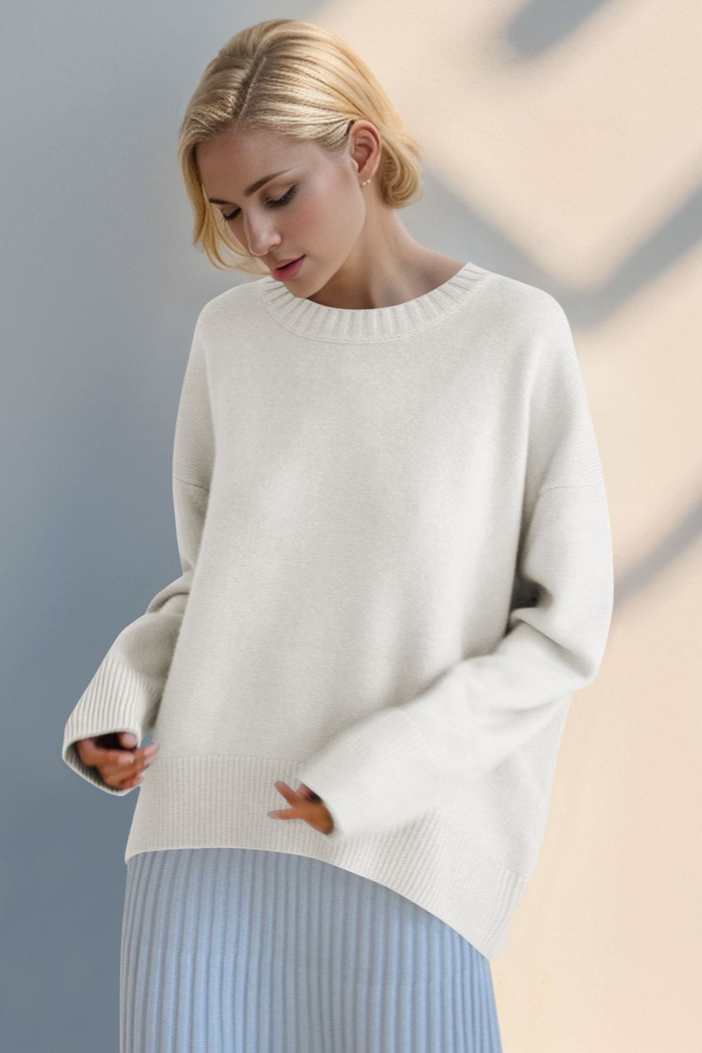 The802Gypsy Sweaters & Cardigans/Sweater White / One Size GYPSY-Basic BAE-Round Neck Sweet Sweater