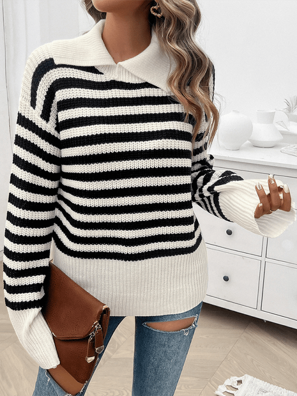 The802Gypsy Sweaters & Cardigans/Sweater White / S GYPSY GIRL-Lapel Striped Sweater