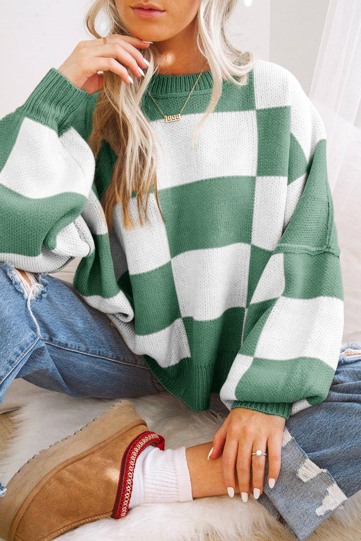 The802Gypsy  Sweaters & Cardigans/Sweaters Green / S / 100%Acrylic TRAVELING GYPSY-Checkered Bishop Sleeve Sweater