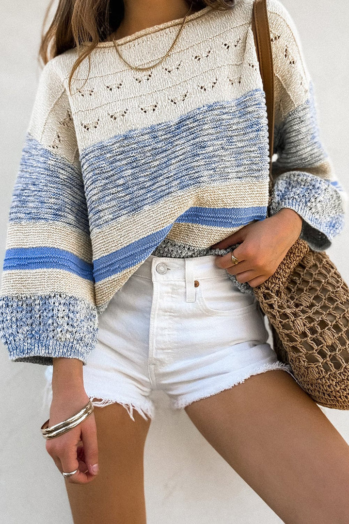 The802Gypsy  Sweaters & Cardigans/Sweaters Light Blue / S TRAVELING GYPSY-Open Stitch Puff Sleeve Sweater