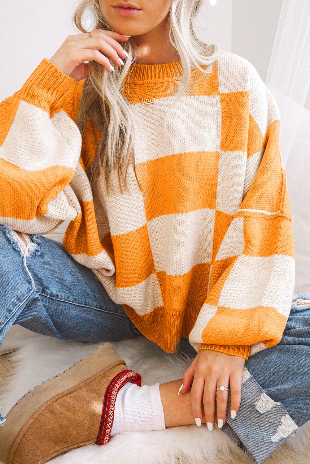 The802Gypsy  Sweaters & Cardigans/Sweaters Orange / S / 100%Acrylic TRAVELING GYPSY-Checkered Bishop Sleeve Sweater