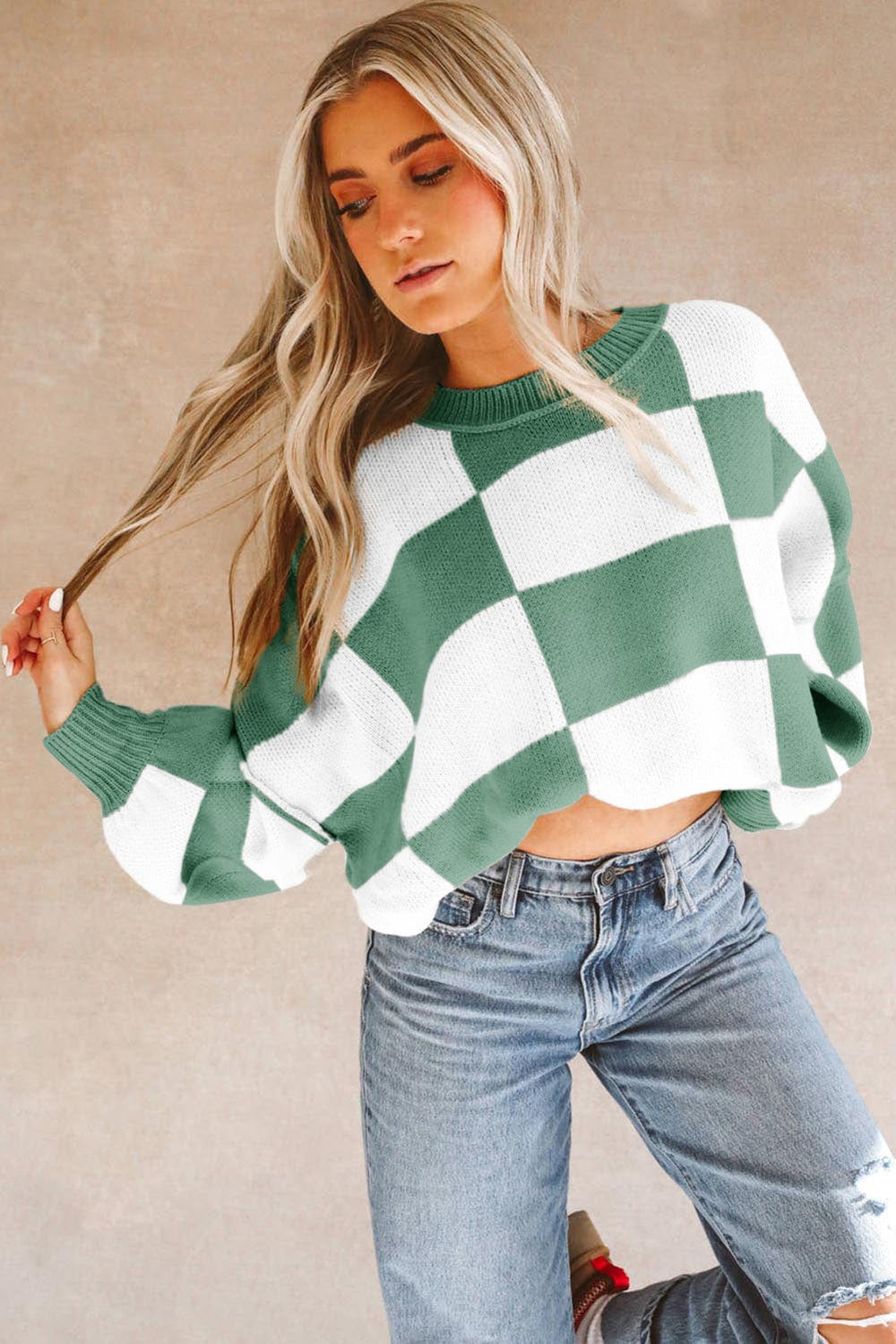 The802Gypsy  Sweaters & Cardigans/Sweaters TRAVELING GYPSY-Checkered Bishop Sleeve Sweater