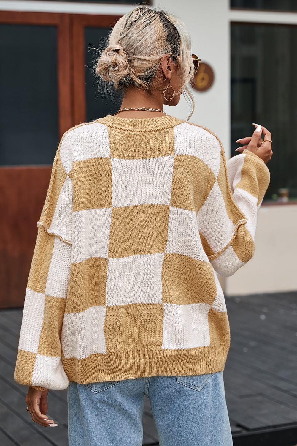 The802Gypsy  Sweaters & Cardigans/Sweaters TRAVELING GYPSY-Checkered Bishop Sleeve Sweater