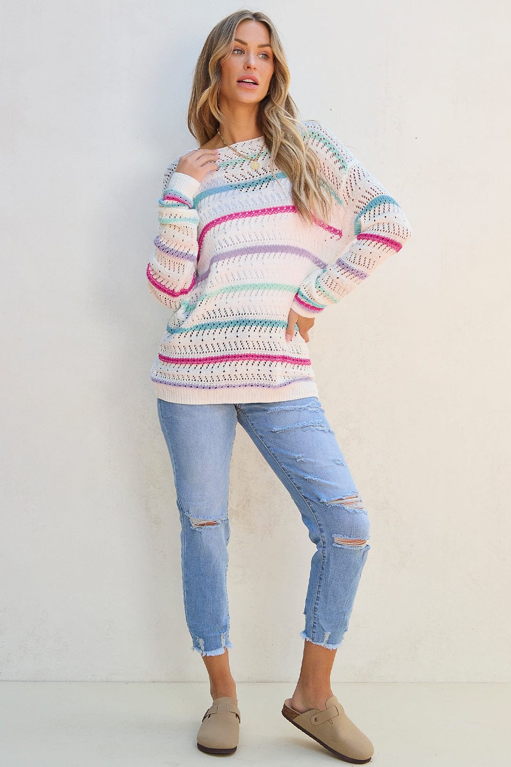 The802Gypsy  Sweaters & Cardigans/Sweaters TRAVELING GYPSY-Striped Crochet Loose Fit Sweater 🔷