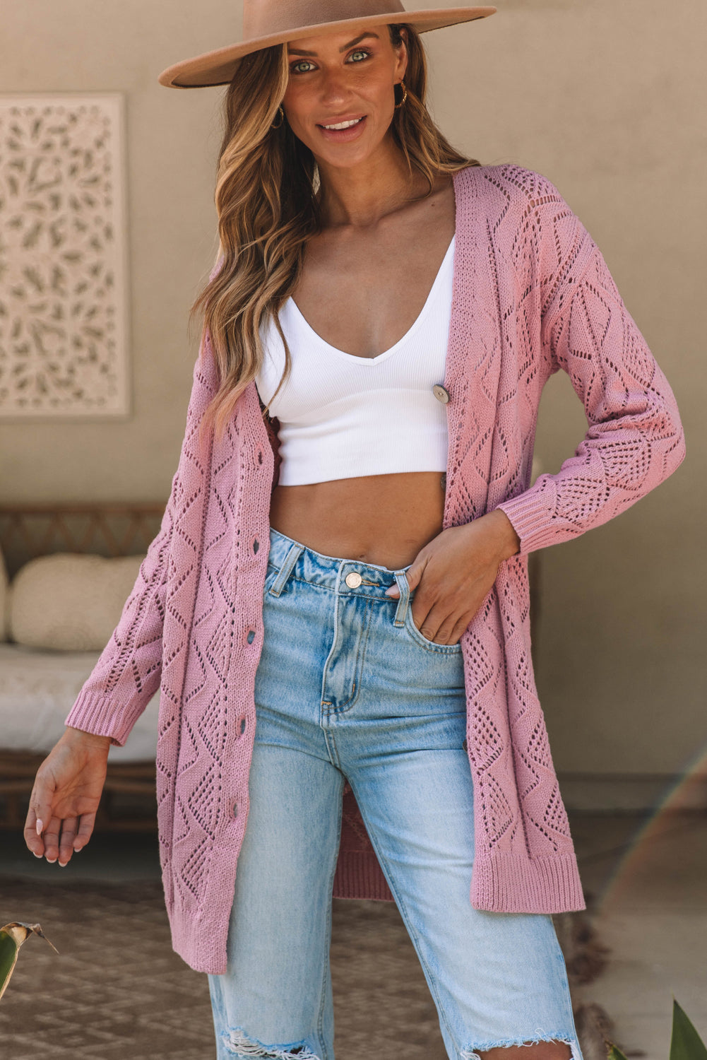 The802Gypsy  sweaters Pink / S / 60%Cotton+40%Acrylic TRAVELING GYPSY-Khaki Knit Cardigan