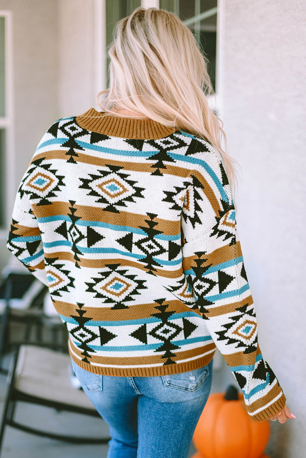 The802Gypsy  sweaters TRAVELING GYPSY-Aztec Striped Knit Ribbed Trim Sweater