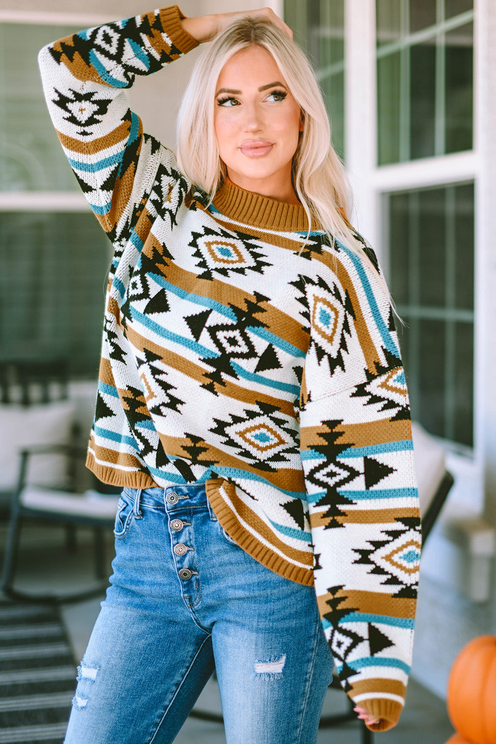 The802Gypsy  sweaters TRAVELING GYPSY-Aztec Striped Knit Ribbed Trim Sweater