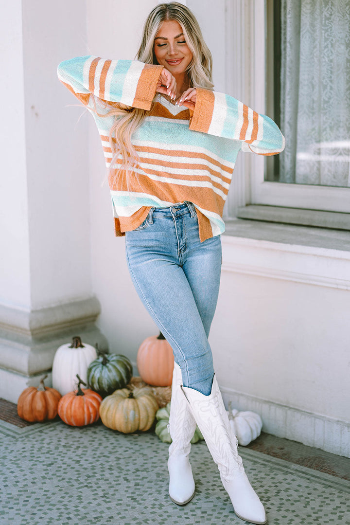 The802Gypsy  sweaters TRAVELING GYPSY-Colorblock Stripe Long Sleeve Split Sweater