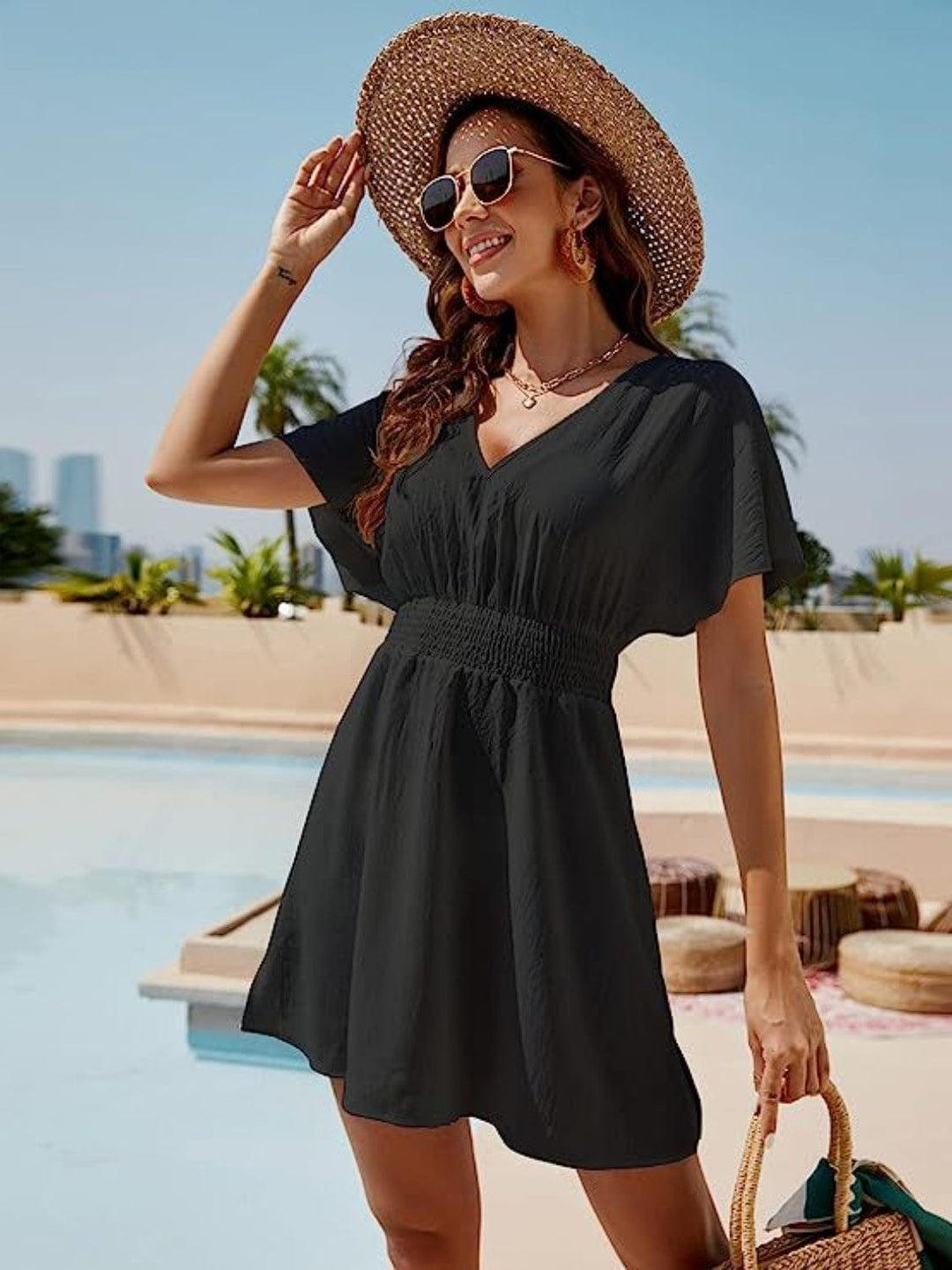 The802Gypsy Swimwear/Beach Cover-ups Black / S GYPSY- V-Neck Short Sleeve Cover-Up