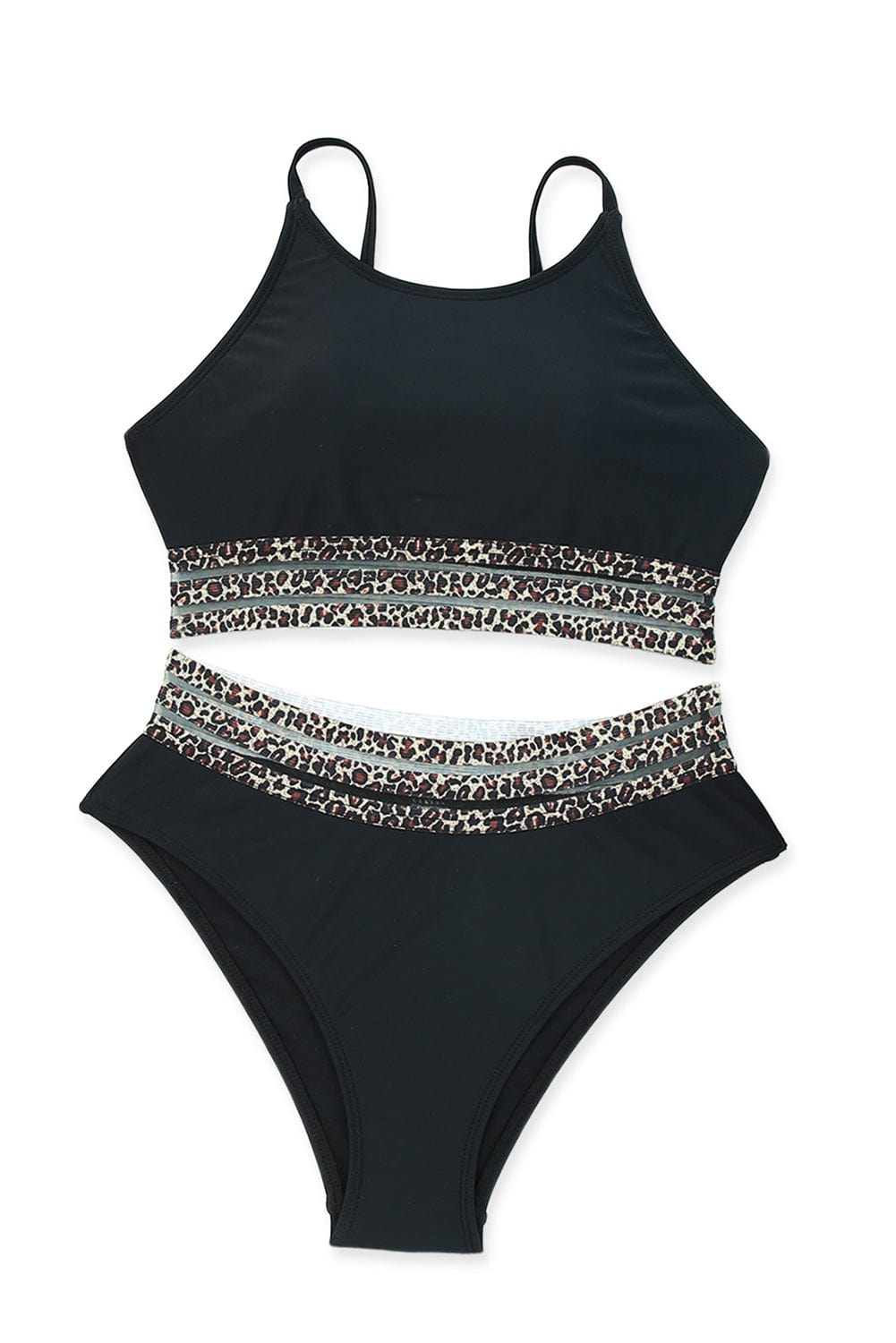 The802Gypsy  Swimwear TRAVELING GYPSY- Leopard Mesh Trim 2pcs Bikini Swimsuit
