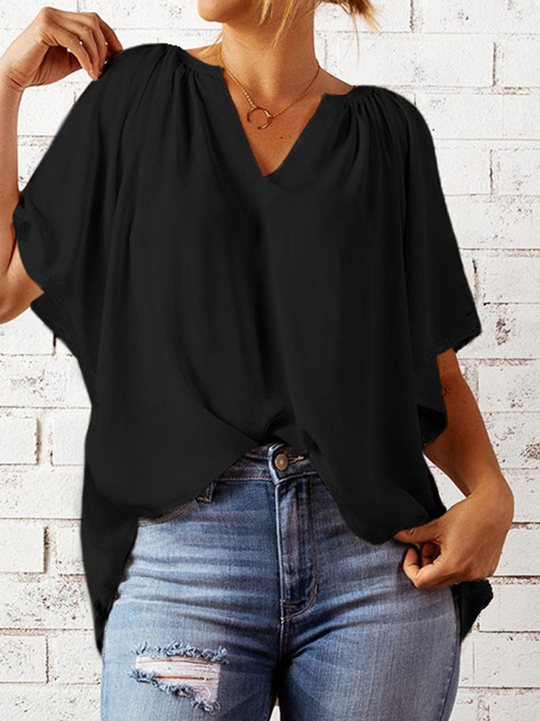 The802Gypsy Tops Black / S GYPSY-Ruched Notched Half Sleeve Blouse