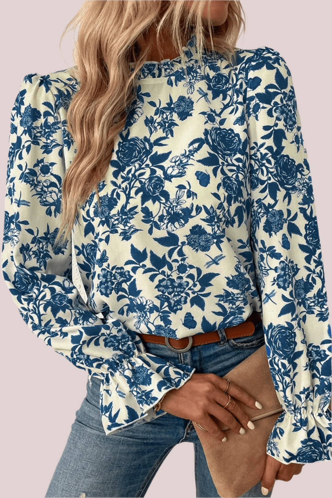 The802Gypsy  Tops/Blouses & Shirts Blue / S / 100%Polyester TRAVELING GYPSY-Floral Print Keyhole Back Blouse