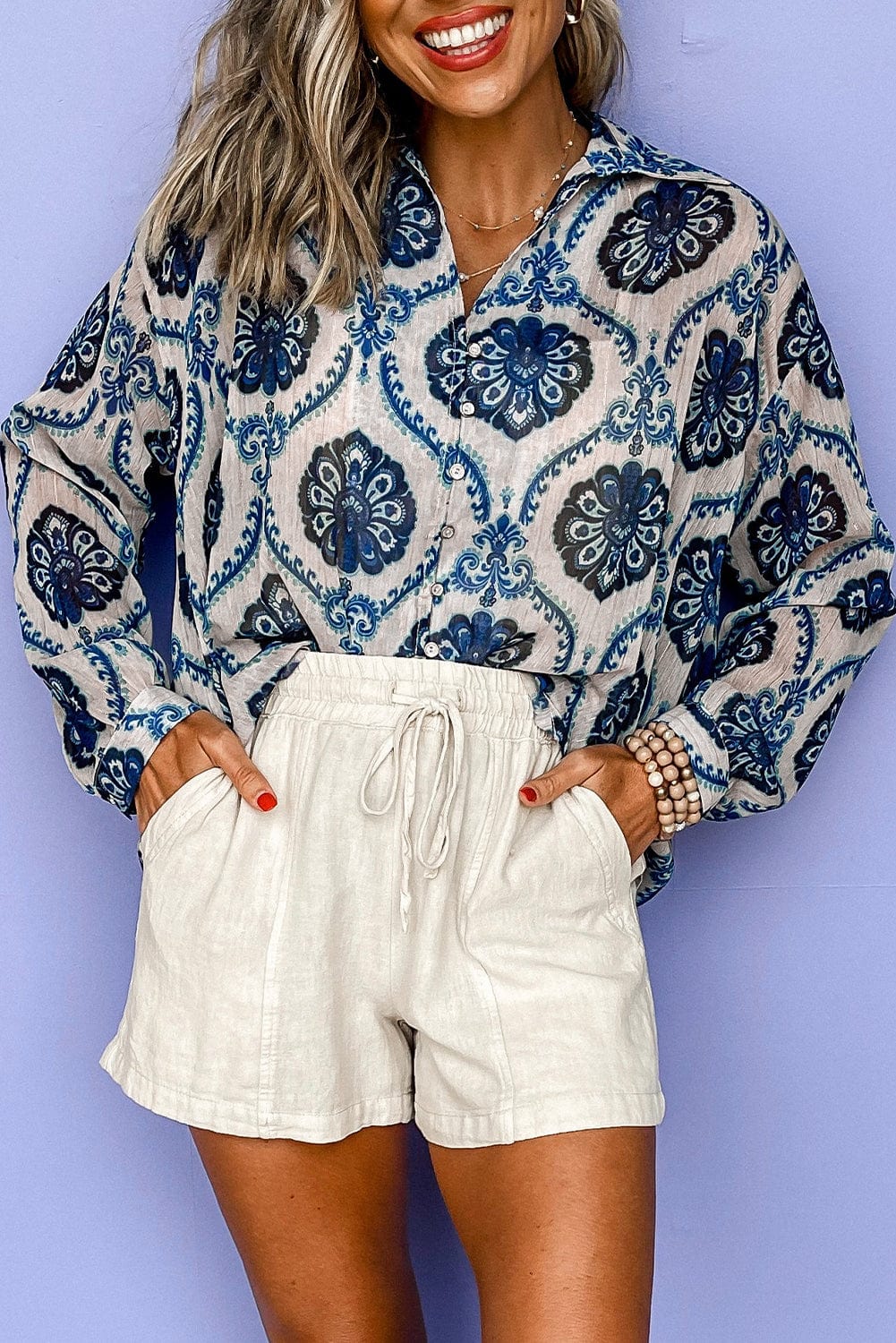 The802Gypsy  Tops/Blouses & Shirts Blue / S / 100%Polyester TRAVELING GYPSY-Tribal Pattern Buttoned Blouse