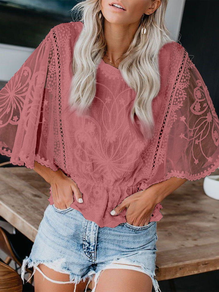 The802Gypsy Tops/Blouses & Shirts Burnt Coral / S GYPSY-Semi Sheer Three-Quarter Sleeve Blouse