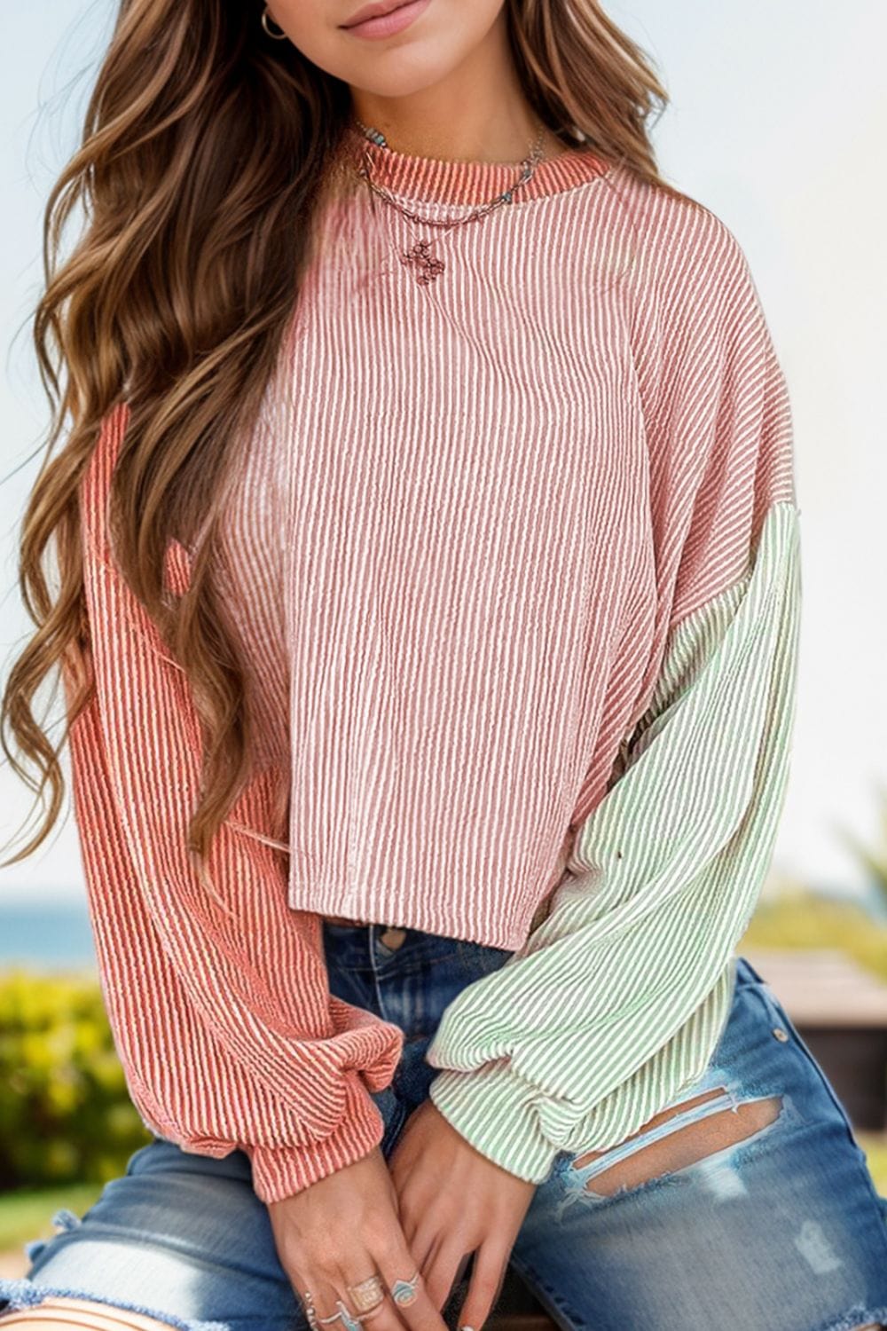 The802Gypsy Tops/Blouses & Shirts Dusty Pink / S GYPSY-Color Block Round Neck Long Sleeve Top