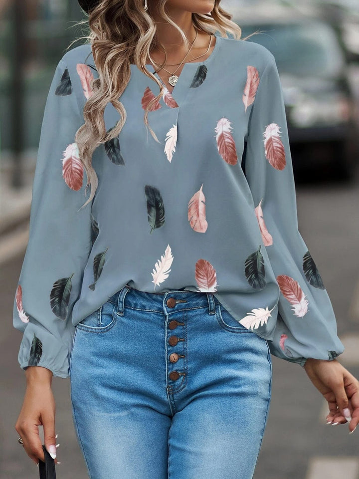 The802Gypsy Tops/Blouses & Shirts GYPSY-Feather Print Notched Balloon Sleeve Top