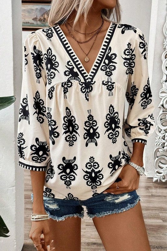 The802Gypsy Tops/Blouses & Shirts ❤️GYPSY FOX-SHEWIN INC.-Abstract Print V Neck Blouse