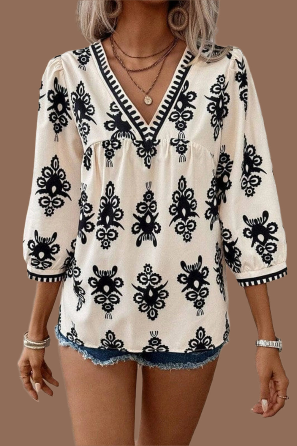 The802Gypsy Tops/Blouses & Shirts ❤️GYPSY FOX-SHEWIN INC.-Abstract Print V Neck Blouse