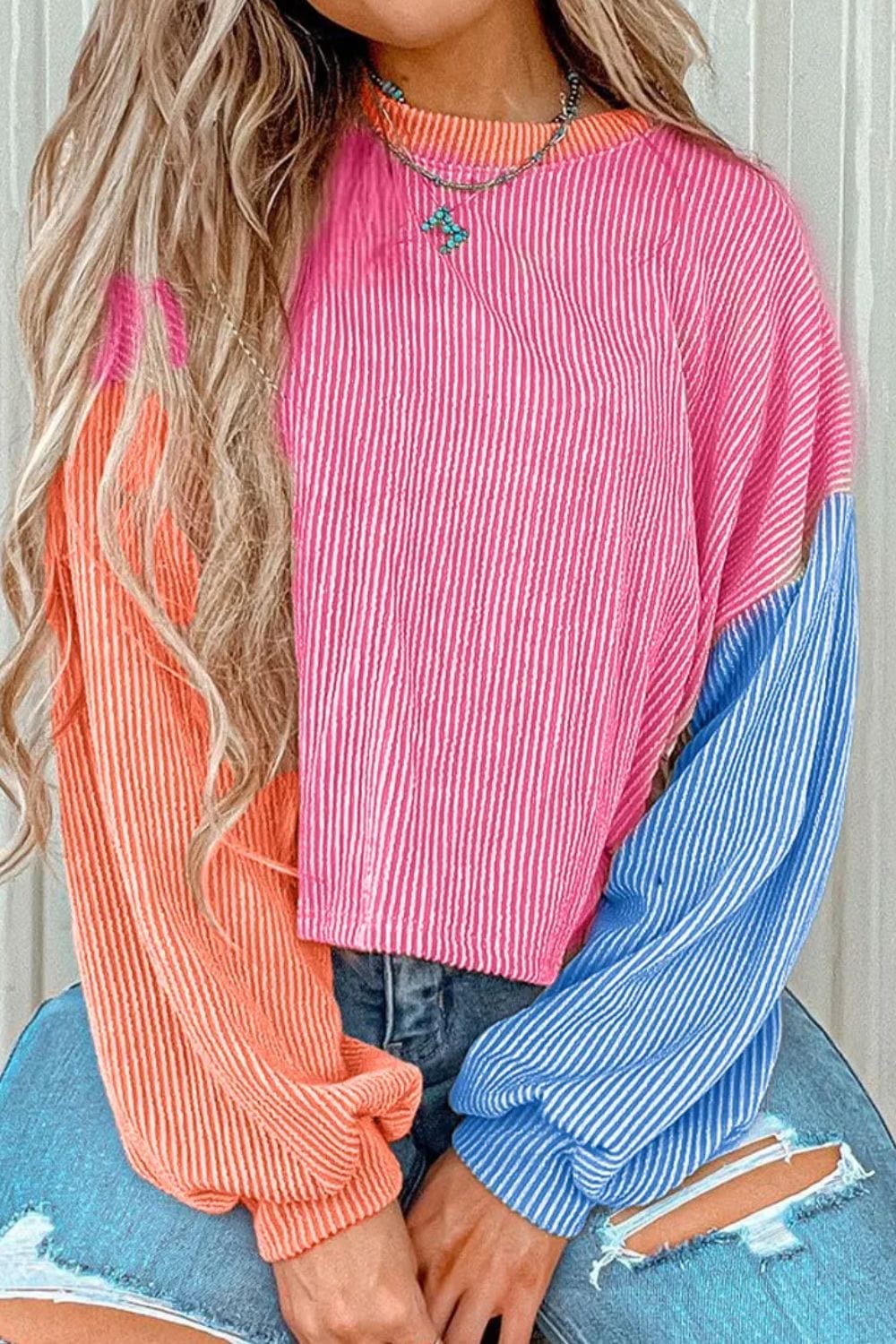 The802Gypsy Tops/Blouses & Shirts Hot Pink / S GYPSY-Color Block Round Neck Long Sleeve Top