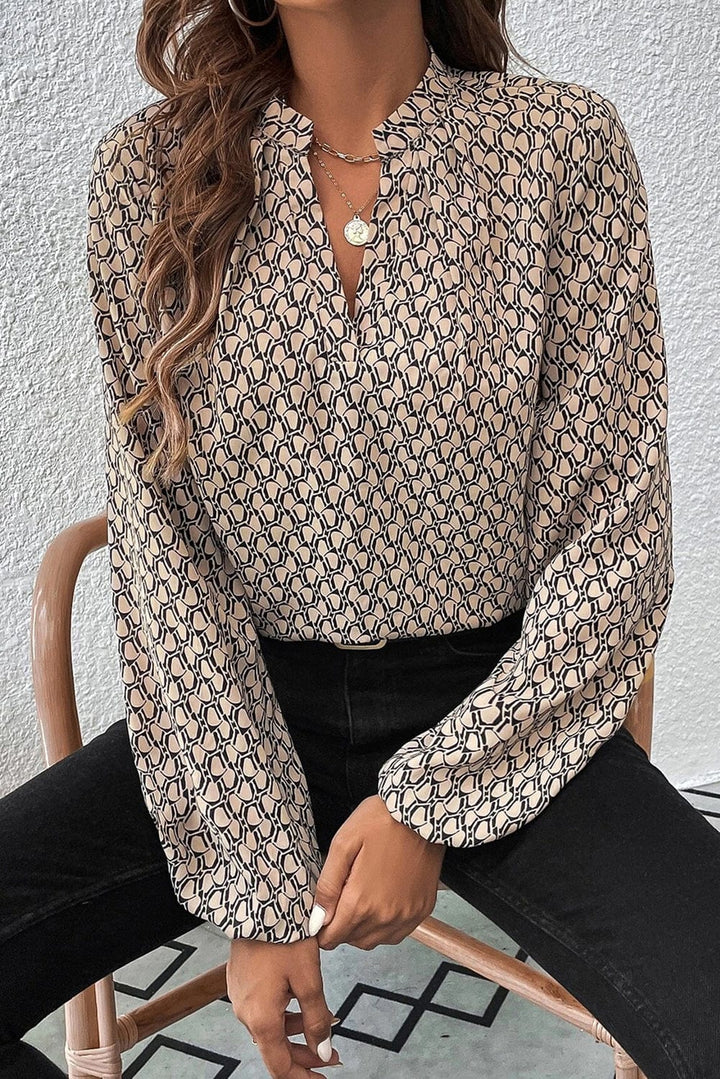 The802Gypsy  Tops/Blouses & Shirts Khaki / S TRAVELING GYPSY-Geometric Print Puff Sleeve Blouse