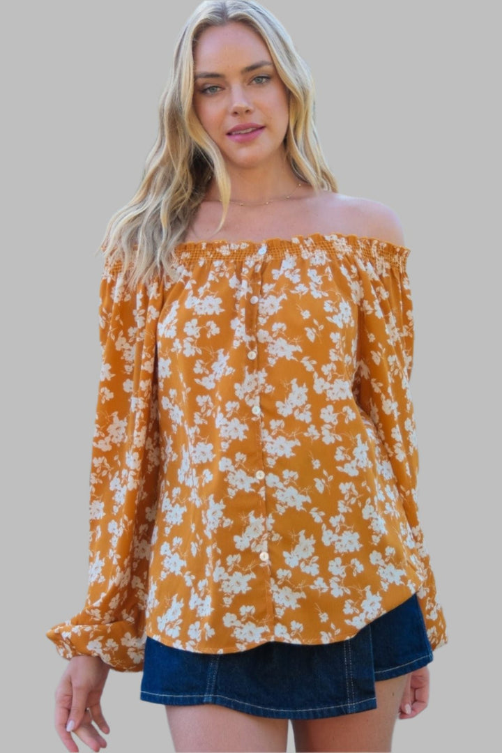 The802Gypsy Tops/Blouses & Shirts Mustard Orange / S ❤️GYPSY-Hailey & Co-Floral Off-Shoulder Balloon Sleeve Blouse