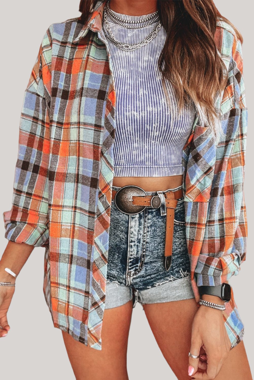 The802Gypsy  Tops/Blouses & Shirts Orange / S / 100%Cotton TRVLN GYPSY-Plaid Vintage Shirt