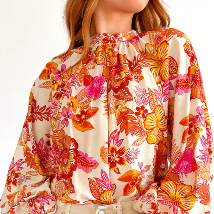 The802Gypsy  Tops/Blouses & Shirts Orange / S / 81%Viscose+19%Polyamide TRAVELING GYPSY-Floral Print Pearl Button Keyhole Blouse