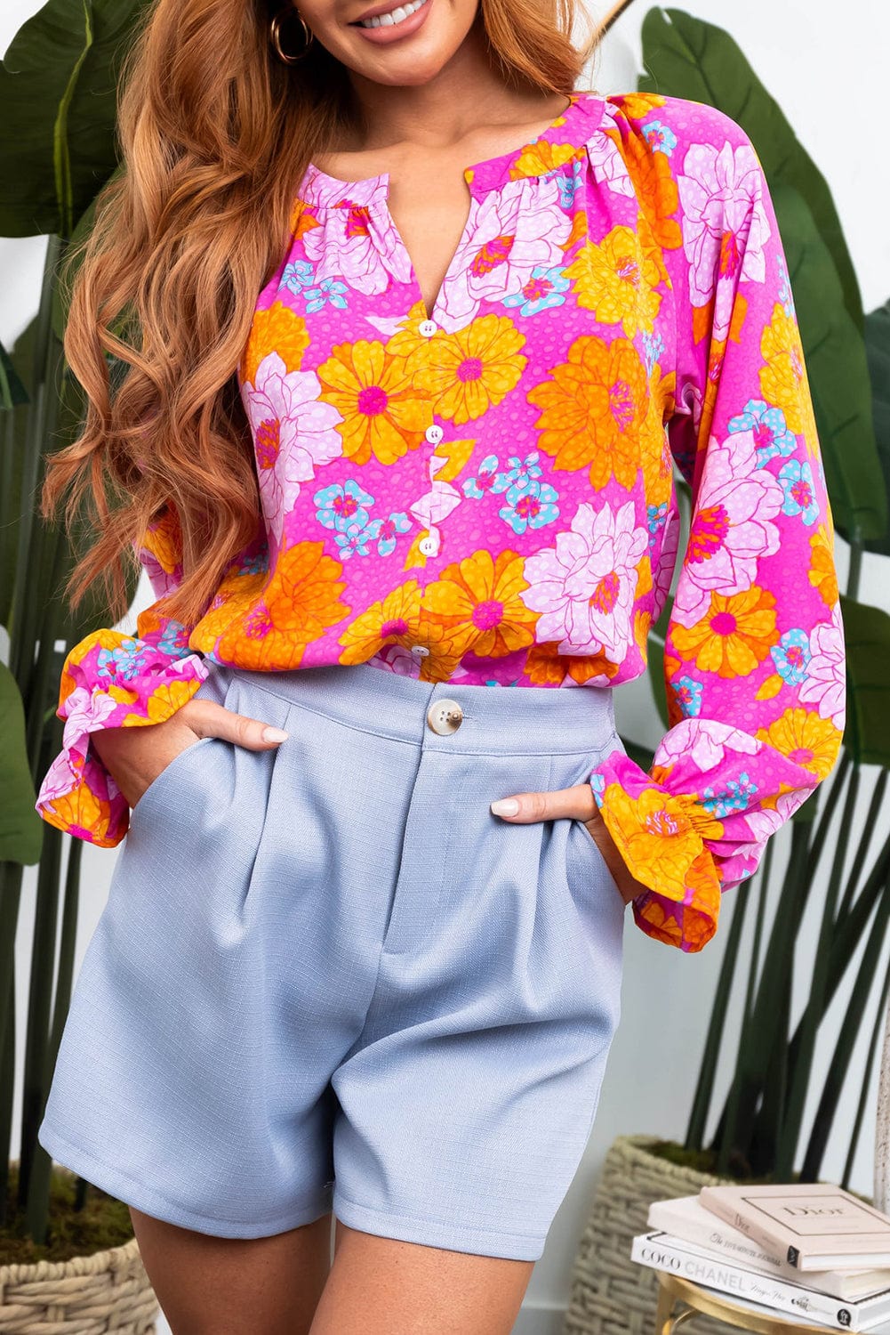 The802Gypsy  Tops/Blouses & Shirts PINK / S / 100%Polyester TRAVELING GYPSY- Floral Notched Neck Blouse