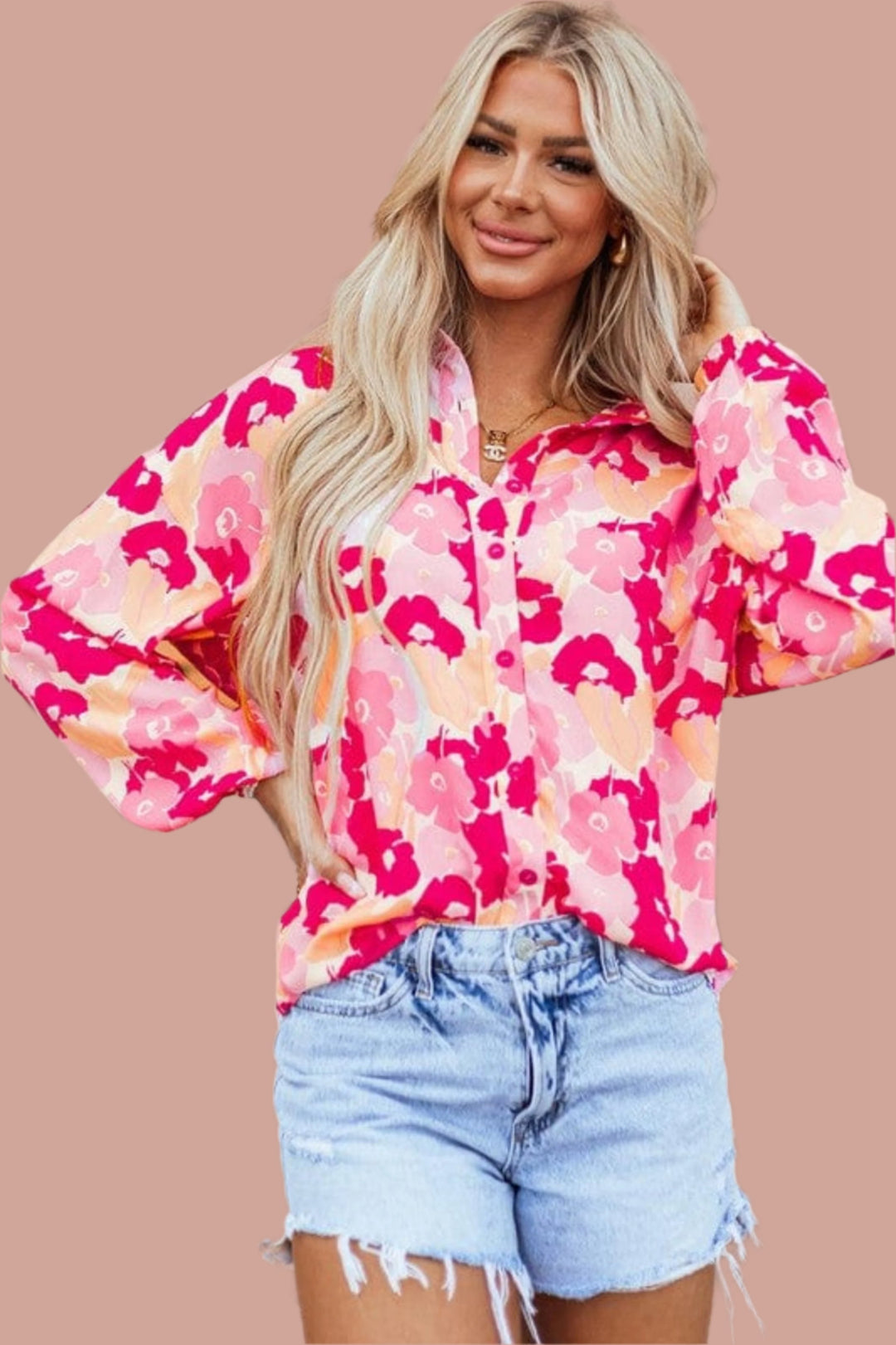 The802Gypsy Tops/Blouses & Shirts Pink / S ❤️GYPSY FOX-Floral Print Puff Sleeve Buttoned Shirt