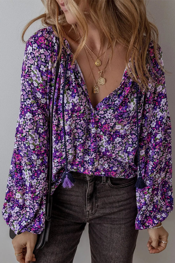 The802Gypsy Tops/Blouses & Shirts Purple / S GYPSY-Floral Tie Neck Blouse