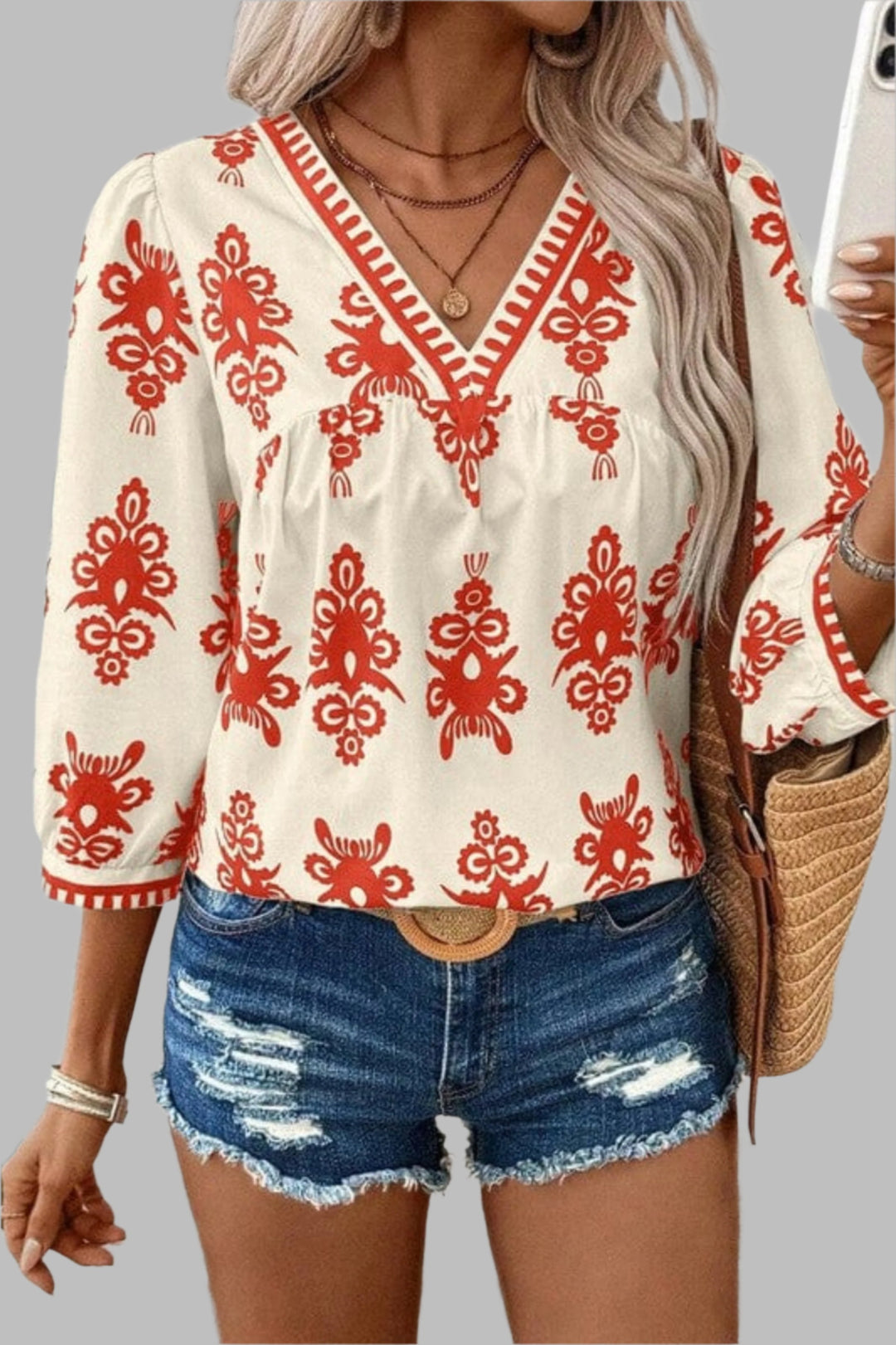 The802Gypsy Tops/Blouses & Shirts SW25128564-P1420 ORANGE / S ❤️GYPSY FOX-SHEWIN INC.-Abstract Print V Neck Blouse