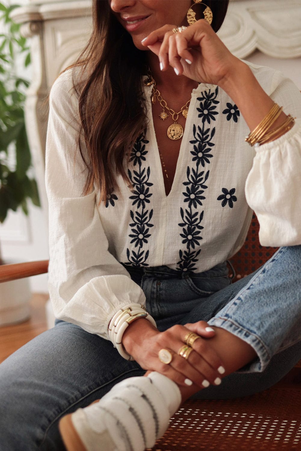 The802Gypsy  Tops/Blouses & Shirts TRAVELING GYPSY-Floral Embroidered Frilled V Neck Blouse