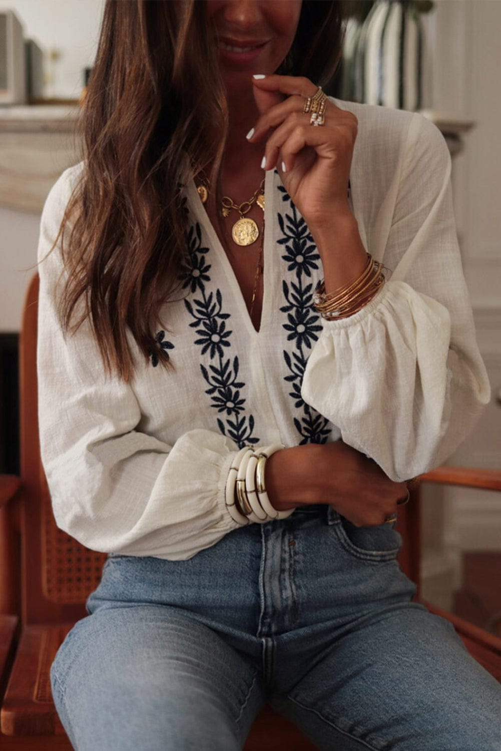 The802Gypsy  Tops/Blouses & Shirts TRAVELING GYPSY-Floral Embroidered Frilled V Neck Blouse