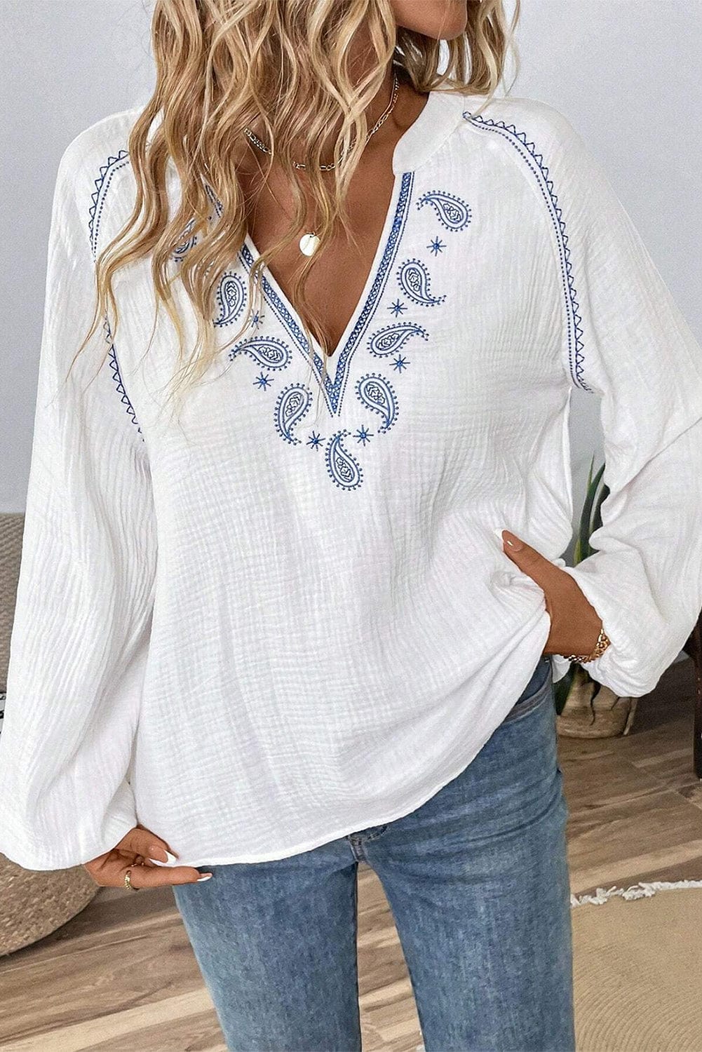 The802Gypsy  Tops/Blouses & Shirts TRAVELING GYPSY-Paisley Cotton Embroidered Puff Sleeve Blouse