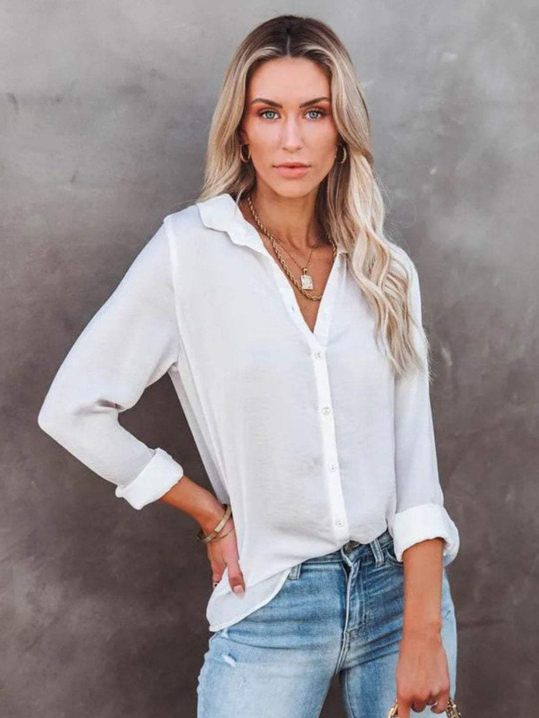 The802Gypsy Tops/Blouses & Shirts White / S GYPSY-Button Down Collared Neck Long Sleeve Blouse