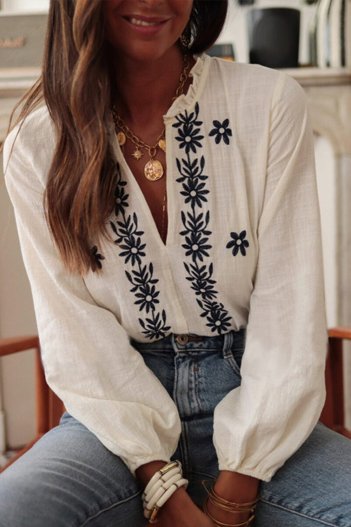 The802Gypsy  Tops/Blouses & Shirts White / S TRAVELING GYPSY-Floral Embroidered Frilled V Neck Blouse