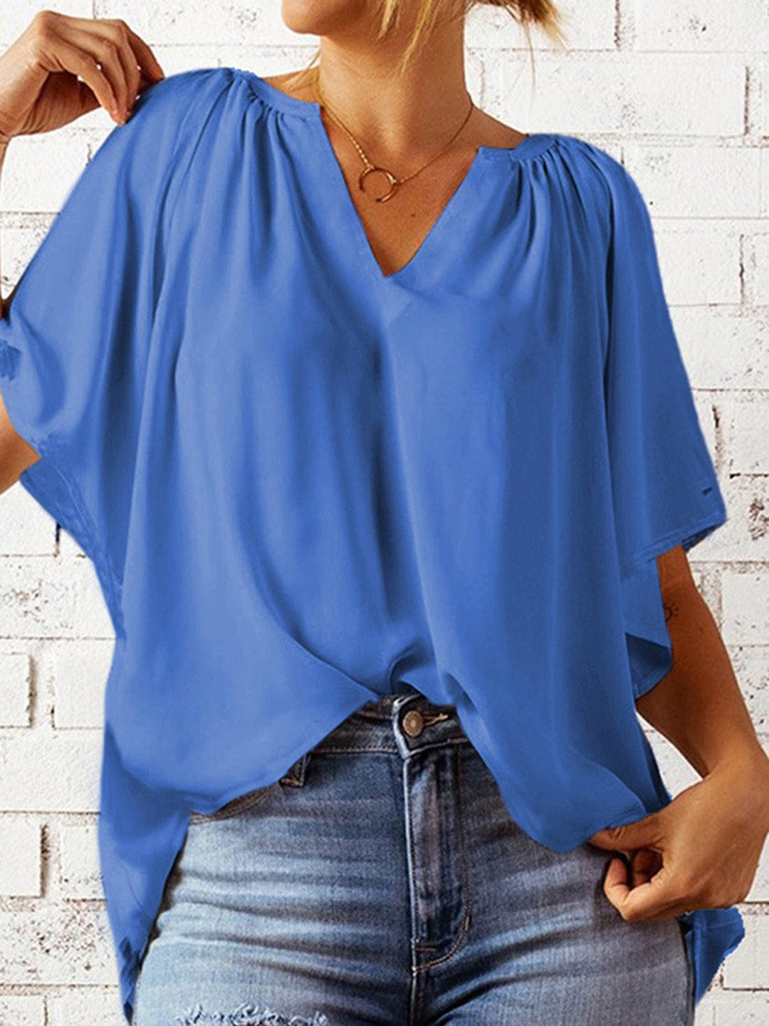 The802Gypsy Tops Blue / S GYPSY-Ruched Notched Half Sleeve Blouse