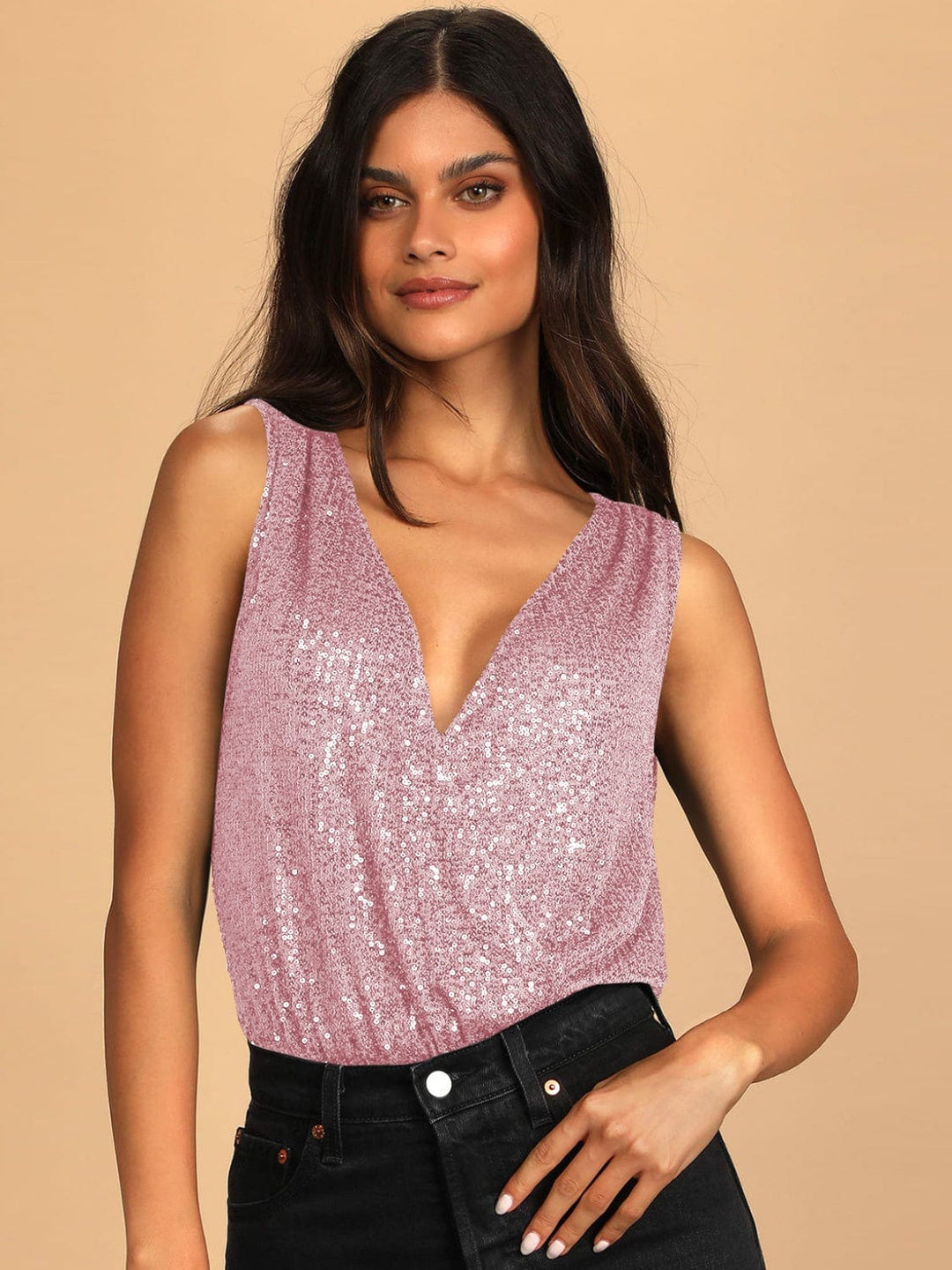 The802Gypsy Tops/Bodysuits Pink / S GYPSY-Sequin Surplice Sleeveless Bodysuit