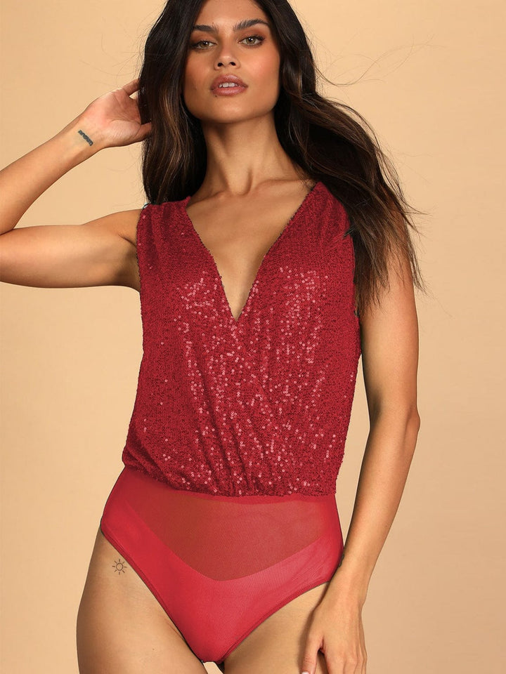 The802Gypsy Tops/Bodysuits Red / S GYPSY-Sequin Surplice Sleeveless Bodysuit