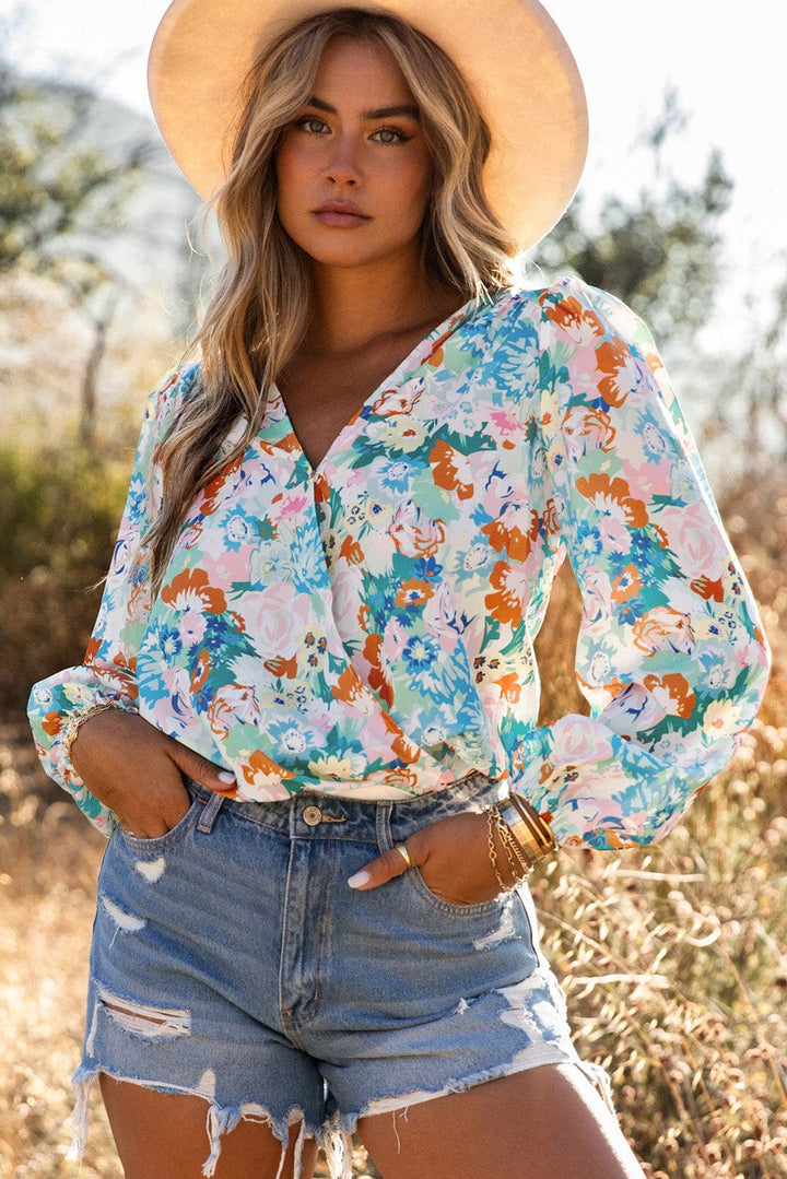 The802Gypsy  Tops/Bodysuits Sky Blue / S TRAVELING GYPSY- Floral Print Long Sleeve Bodysuit