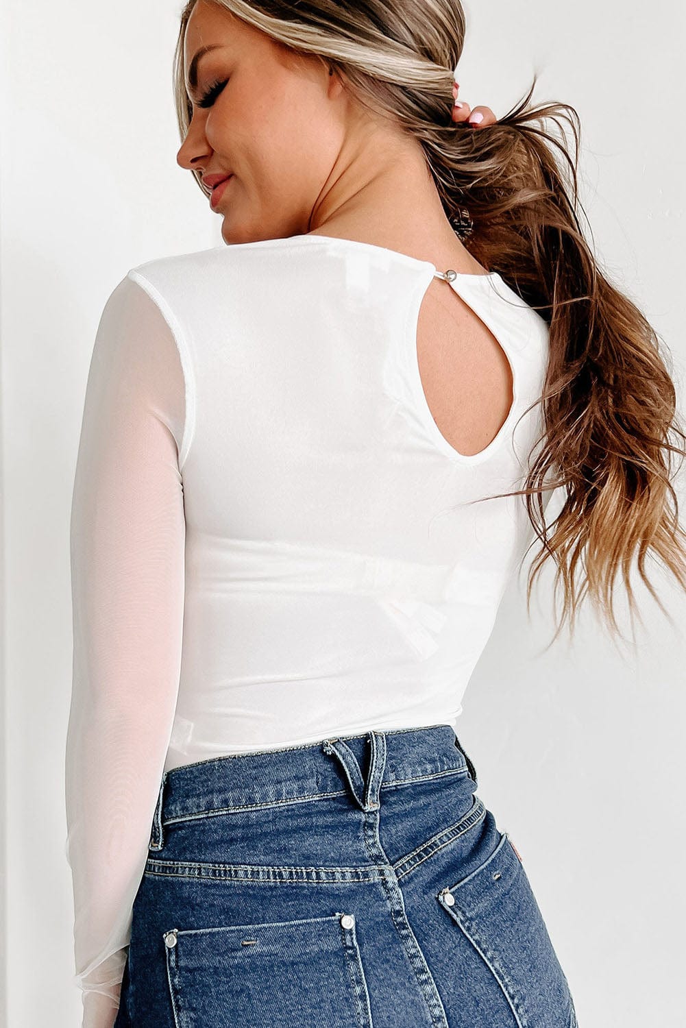 The802Gypsy  Tops/Bodysuits White / S / 90%Polyester+10%Elastane TRAVELING GYPSY-Mesh Back Cutout Long Sleeve Bodysuit