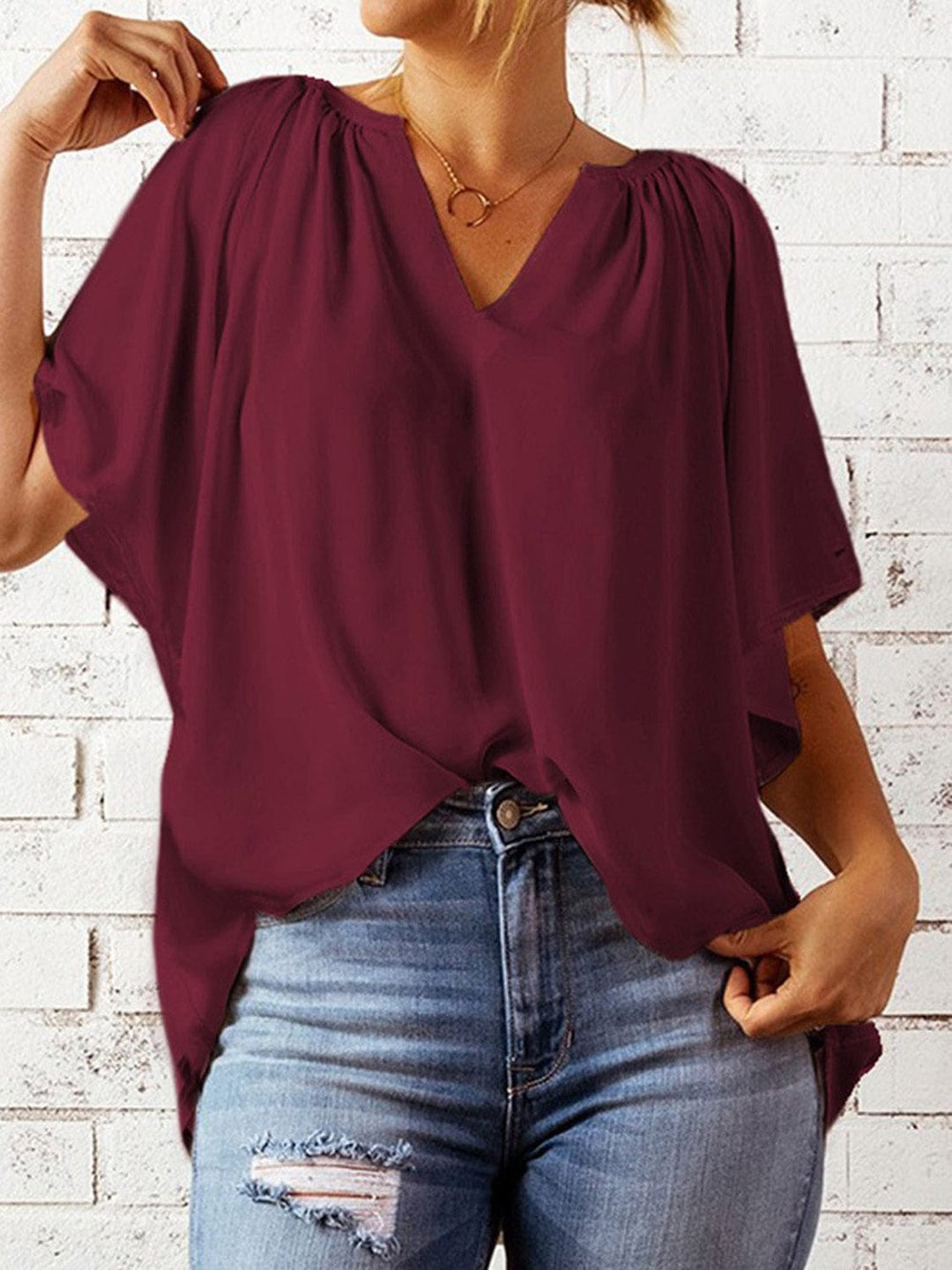 The802Gypsy Tops Burgundy / S GYPSY-Ruched Notched Half Sleeve Blouse