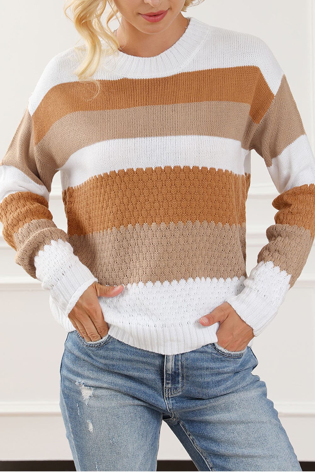 The802Gypsy  Tops Chestnut / M / 100%Acrylic Chestnut Striped Cable Knit Drop Shoulder Sweater