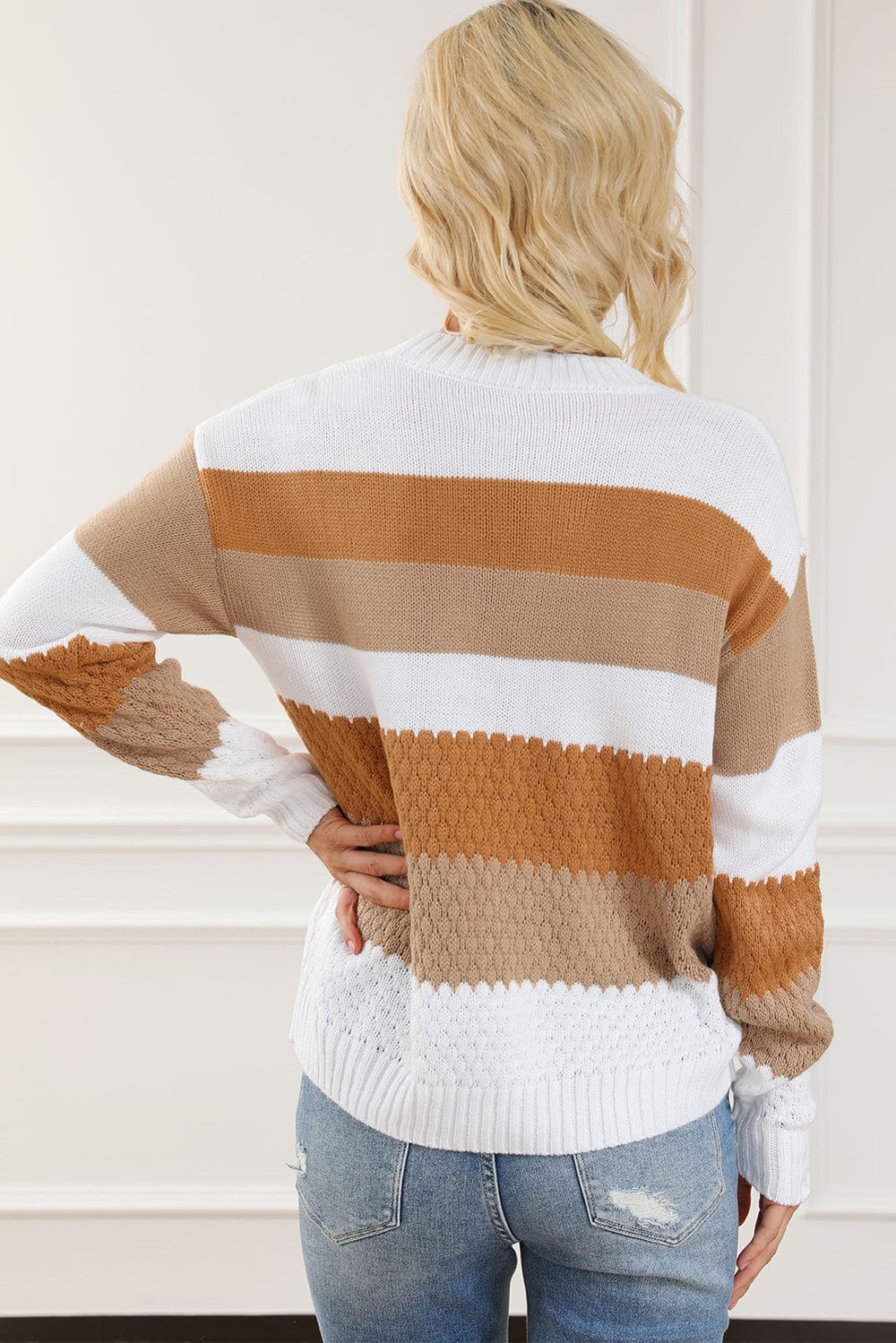 The802Gypsy  Tops Chestnut Striped Cable Knit Drop Shoulder Sweater