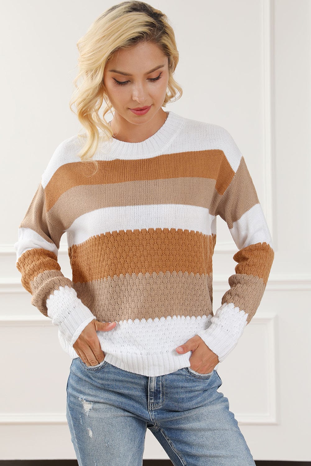 The802Gypsy  Tops Chestnut Striped Cable Knit Drop Shoulder Sweater
