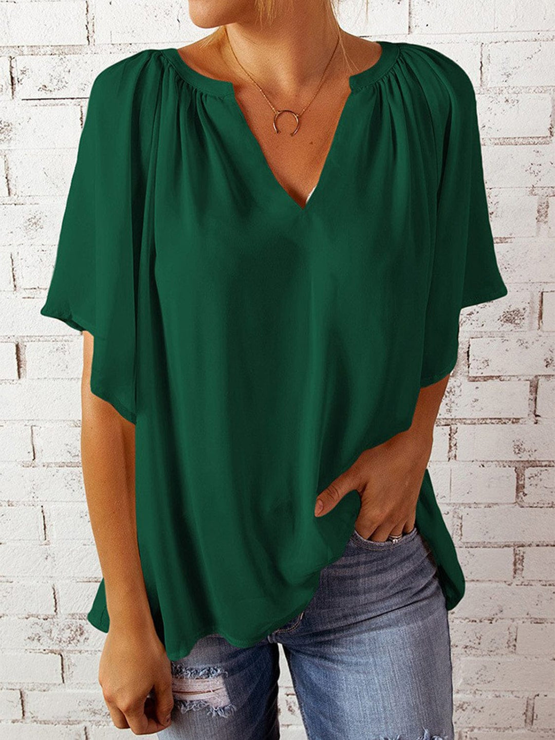 The802Gypsy Tops Dark Green / S GYPSY-Ruched Notched Half Sleeve Blouse